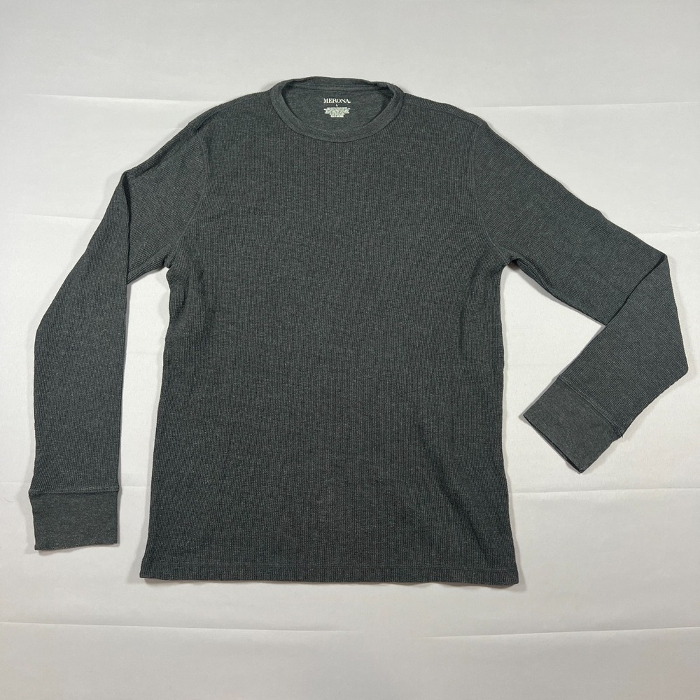 Merona Thermal Shirt Mens Large Charcoal Gray Cotton Waffle Knit Raglan Sleeve